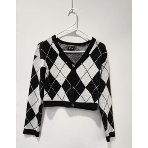Girls Cropped Cardigan Large Size 10/12 Black/White Button Front V-Neck Sweater